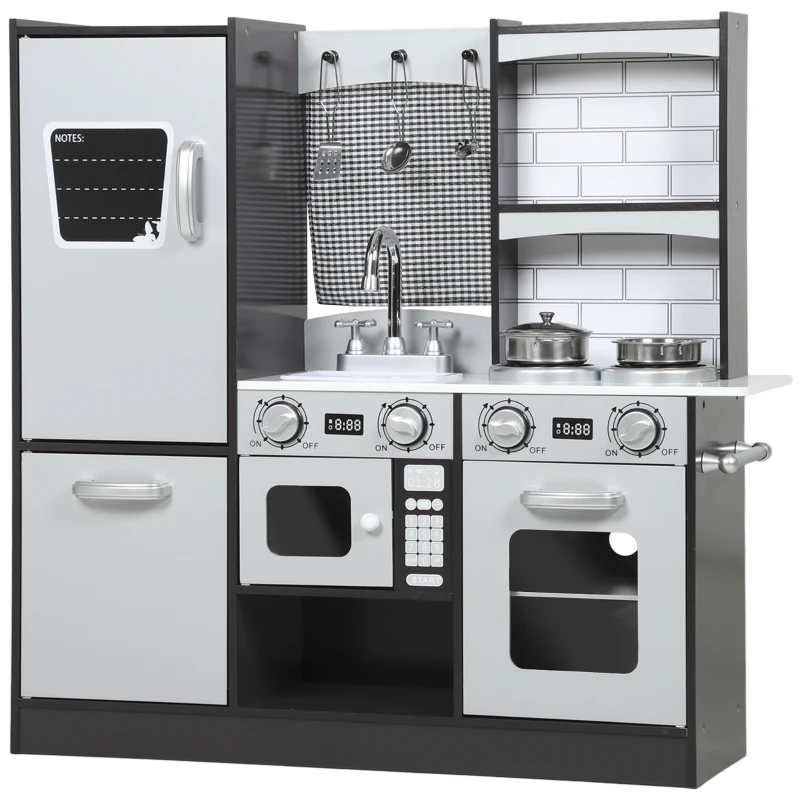 AIYAPLAY Cozinha de Madeira com Som Cozinha de Brincar Infantil com Acessórios em Aço Inoxidável Frigorífico Micro-Ondas, Lava-Loiça 81x27x79,7 cm Castanho Escuro