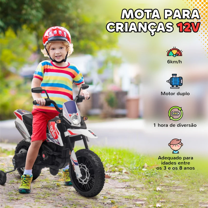 AIYAPLAY Mota Elétrica Infantil Aprilia 12V Rodas de Apoio Farol Música Porta USB Amortecedor Branco