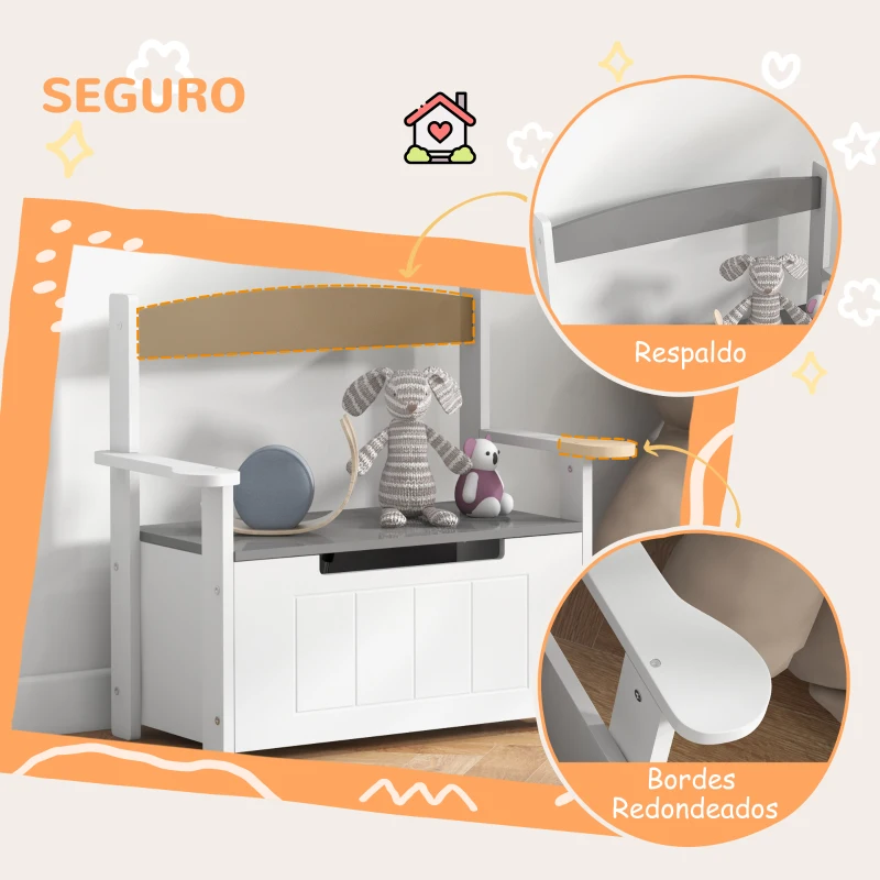 AIYAPLAY Baú de Brinquedos Infantil Banco de Armazenamento para Crianças com Encosto e Tampa Amortecida 68,5x34x58 cm Cinza e Branco