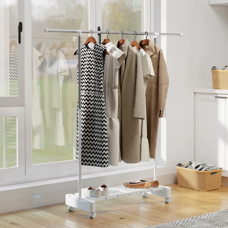 HOMCOM Stendibiancheria Estensibile con Ruote e Freno, Ripiano Porta Scarpe e Struttura in Acciaio Inox, Bianco