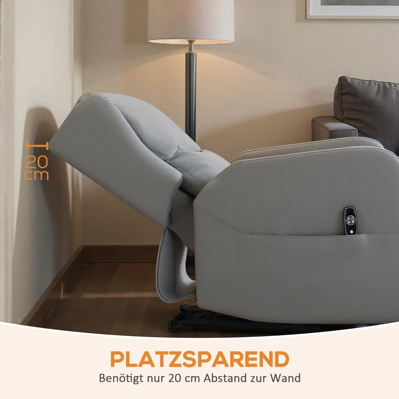 HOMCOM Fotel masujący z funkcją odchylania oparcia, ekoskóra, elektrycznie regulowany, podnóżek, kieszeń boczna, rama stalowa, szary