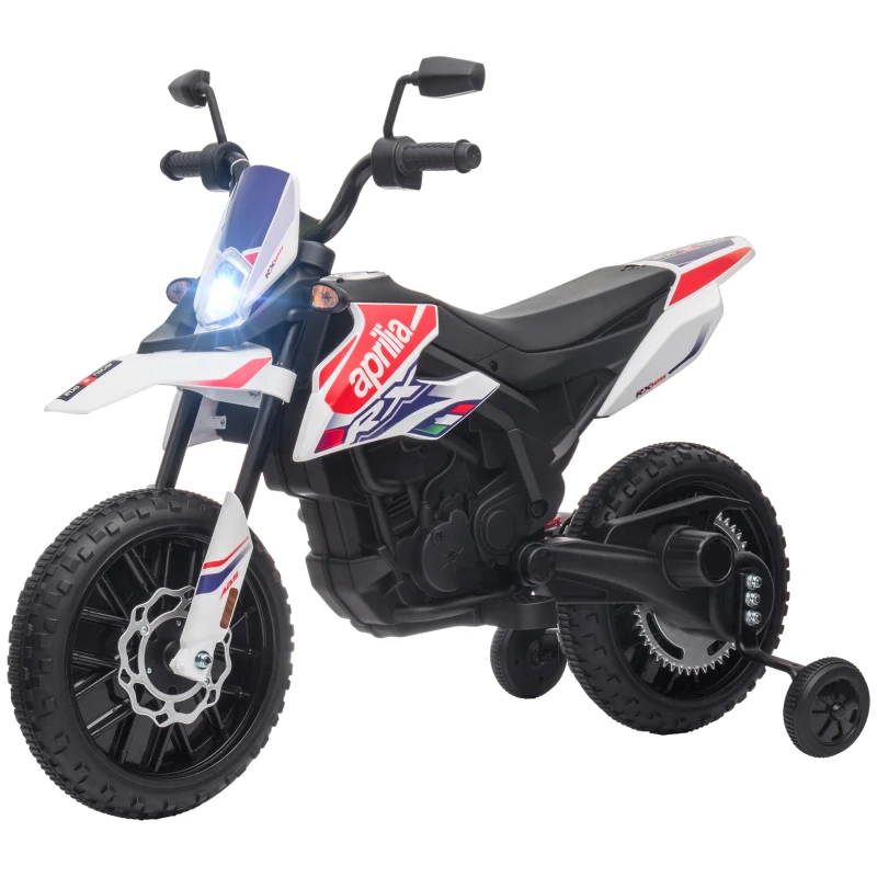 AIYAPLAY Mota Elétrica Infantil Aprilia 12V Rodas de Apoio Farol Música Porta USB Amortecedor Branco