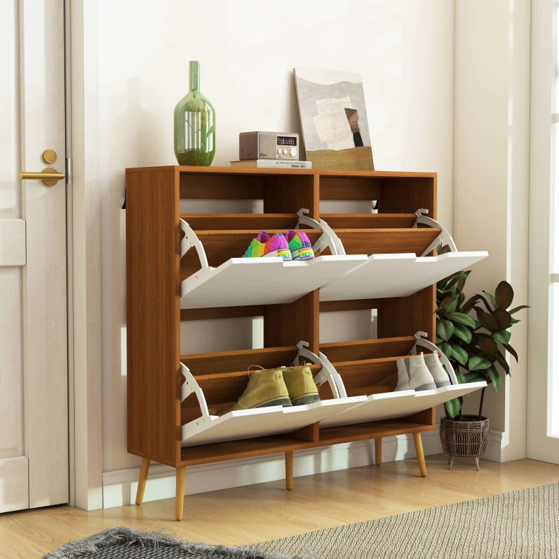 HOMCOM Meuble à chaussures 4 abattants 16 paires avec étagère réglable pieds en bois de pin 95 x 26 x 95 cm naturel