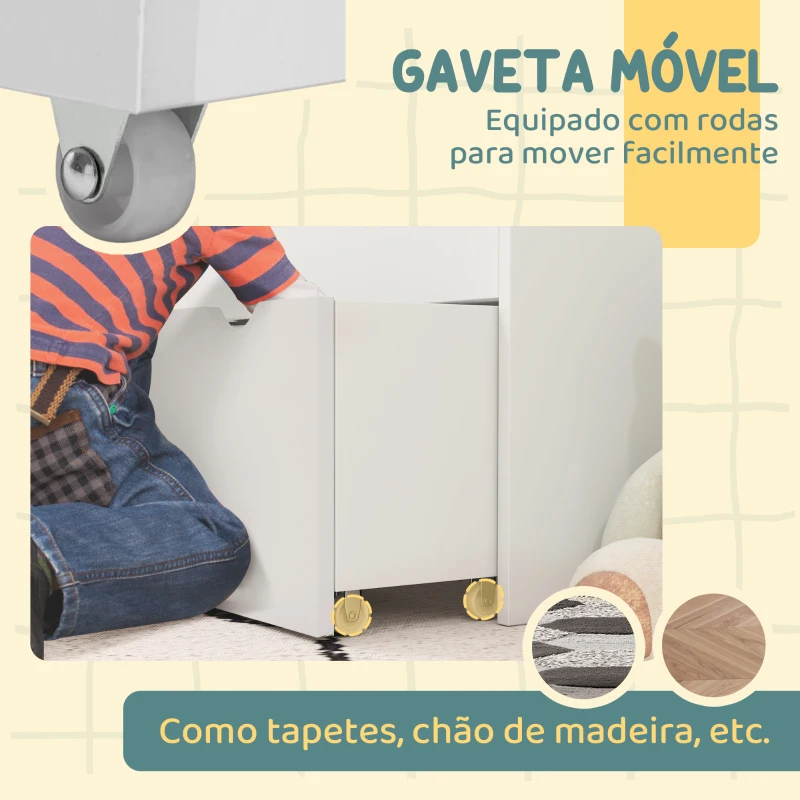 AIYAPLAY Estante de Brinquedos com 3 Compartimentos Gaveta com Rodas para Quarto Sala de Jogos 62,5x30x70 cm Branco
