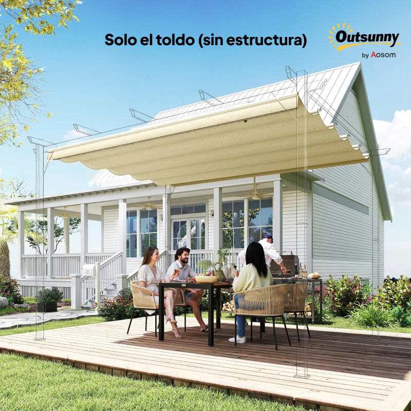 Outsunny Cubierta para Techo Retráctil de 3,5x2,6m para Pérgola 4x3 Tela de Repuesto con 10 Orificios de Drenaje Crema