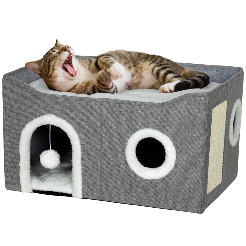 PawHut Maison pour Chats Pliable avec Griffoir 3 Entrées Boule Suspendue Coussin Réversible en Peluche et Tissu Type Lin 60x40x34 cm Gris