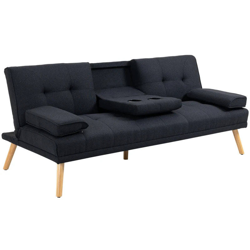 HOMCOM Canapea Extensibilă cu 3 Locuri, 2 Brațe Detașabile și Suport pentru Pahare, Material Textil Tip In, 181x77x78 cm, Gri antracit(m-1)
