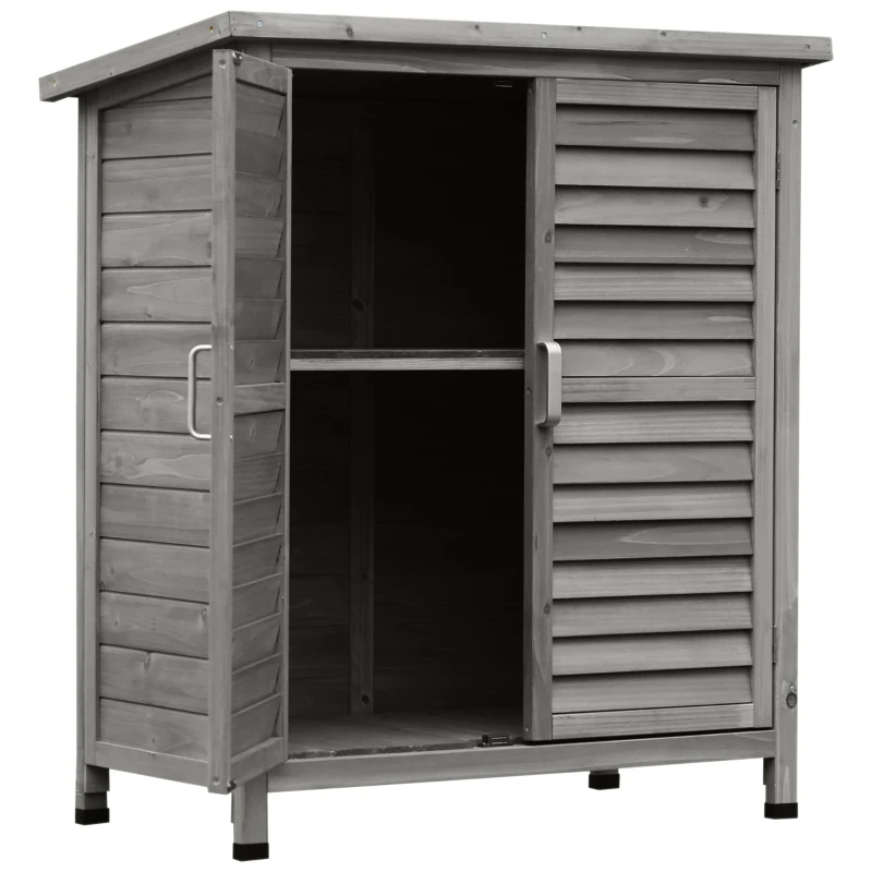 Outsunny Armario para Terraza de Madera con 2 Estantes Interiores 2 puertas y Techo Inclinado para Exterior Terreza 87x46,5x96,5 cm Gris(m-11)