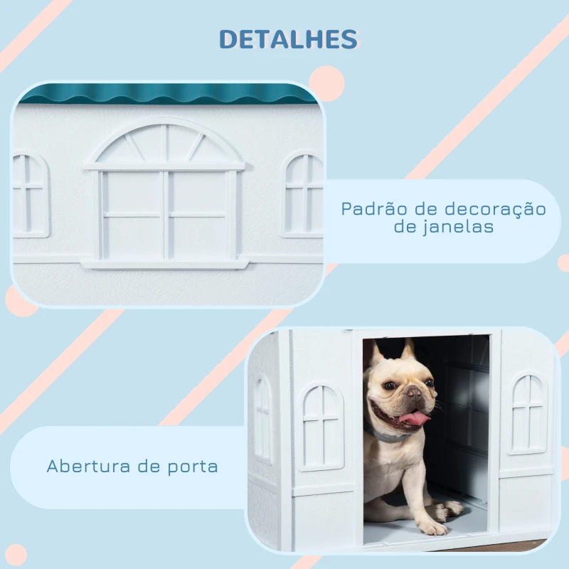 PawHut Casa para Cães 65x75,7x63 cm Casa para Cães com Janelas e Teto com Telhas de Imitação para Cães Médios Azul e Branco