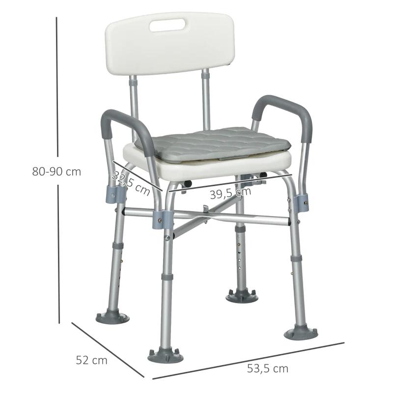 HOMCOM Cadeira de Duche para Idosos com Encosto Apoios de Braço Altura Ajustável Almofada Acolchoada Removível  53,5x52x80-90 cm Branco