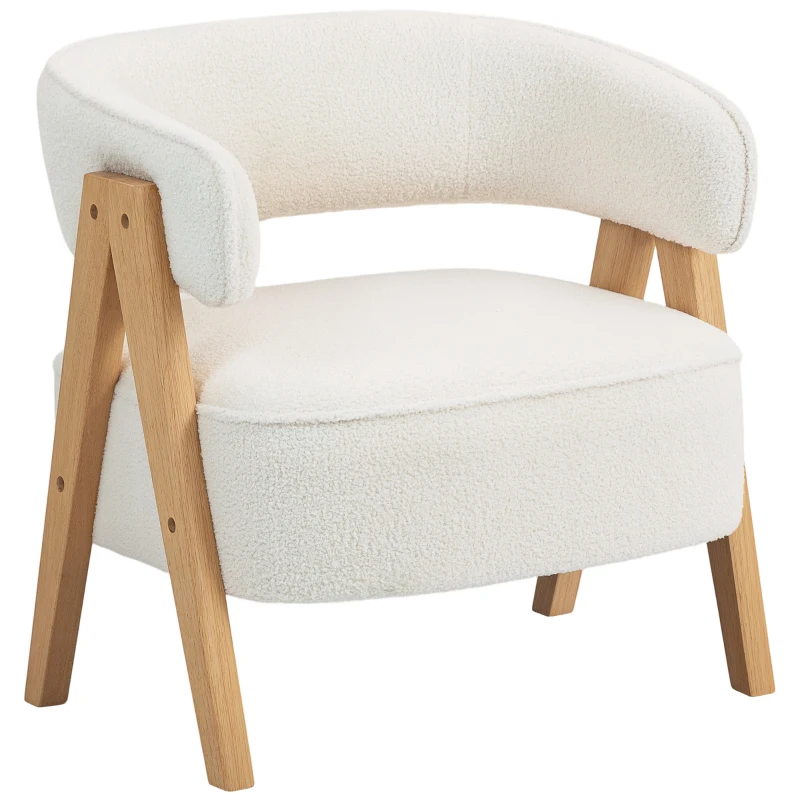 HOMCOM Butaca de Salón Tapizada en Borreguito Acolchada Gruesa Patas de Madera Respaldo Curvado 70x64x71 cm Blanco