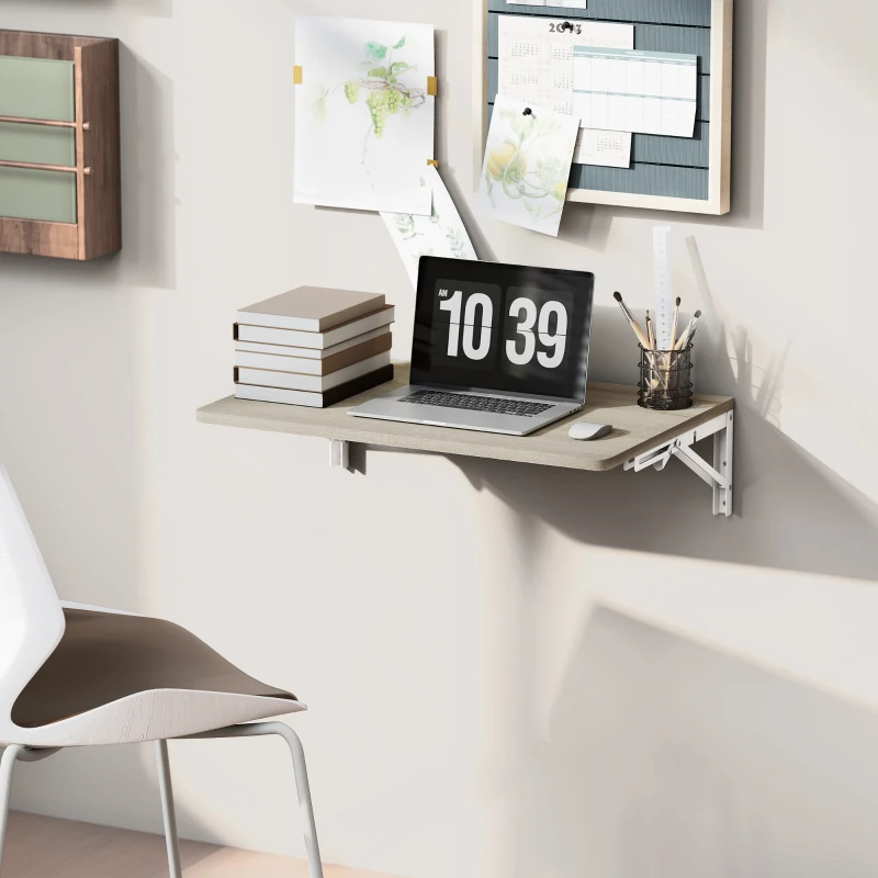 HOMCOM Składane biurko ścienne, 60x40 cm, oszczędzające miejsce wiszące biurko z zaokrąglonymi narożnikami, do home office, salonu, sypialni, kuchni, dąb
