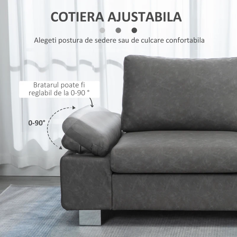 HOMCOM Canapea moderna dubla de lux cu 2 locuri, canapea tapitata cu brate reglabile pentru camera de zi, birou, gri(m-5)