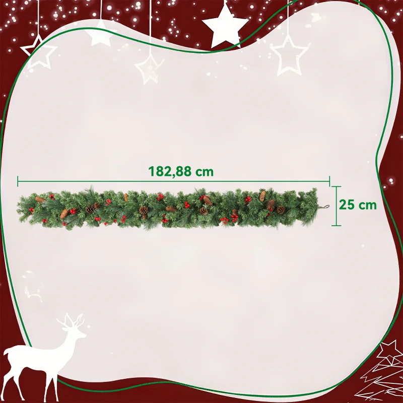 HOMCOM Artificial Christmas Garland 180 cm, Christmas Decoration, 162 Lush Tips, Pine Cones, Berry Clusters, Green