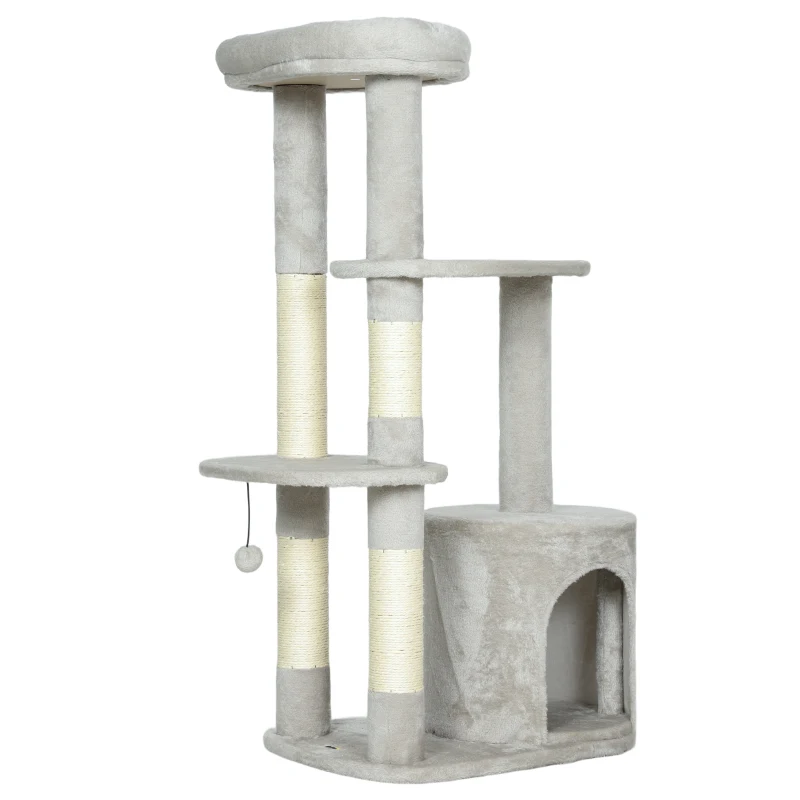 PawHut Árbol rascador 114 cm torre para gatos con cueva, postes de sisal, plataforma, de varios niveles para gatos medianos de menos de 6 kg, Gris claro
