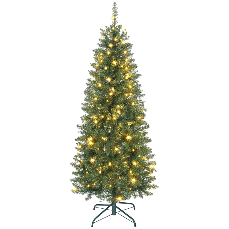 HOMCOM Sapin de Noël artificiel 150 cm, arbre de Noël fin avec 170 lumières, 635 pointes, support en métal pliable, vert