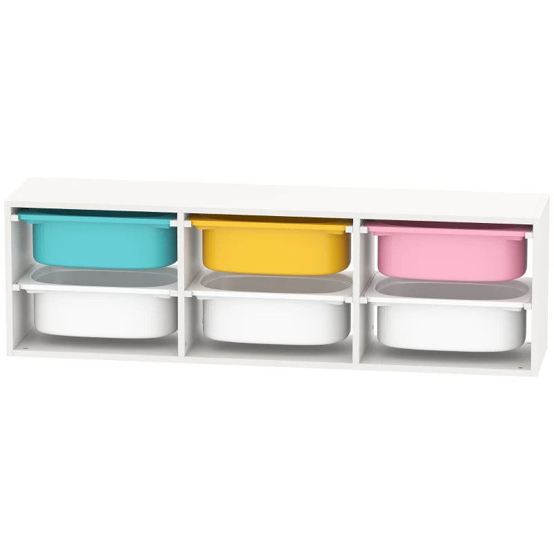 AIYAPLAY Aufbewahrungsregal für Kinder, 2-stufig, Aufbewahrungsregal für Spielzeug mit 6 herausnehmbaren Boxen, 97x21x29cm, weiß