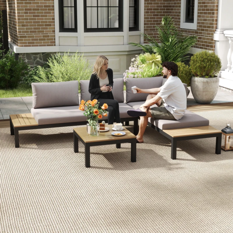 Outsunny Ensemble Salon de Jardin d'angle Design Contemporain 5 Places Coussins Marron Table Basse alu. Noir et Imitation Bois