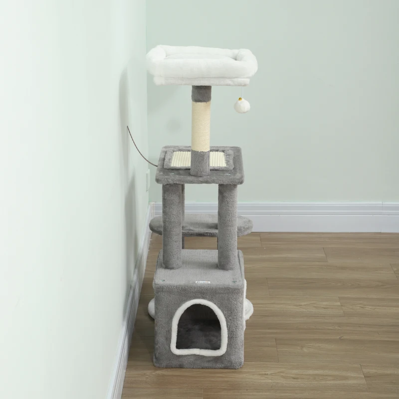 PawHut Arbre Griffoir pour Chats avec Maisonnette, Lit et 2 Balles, en Bois et Peluche, 55x40x107 cm, Gris et Blanc