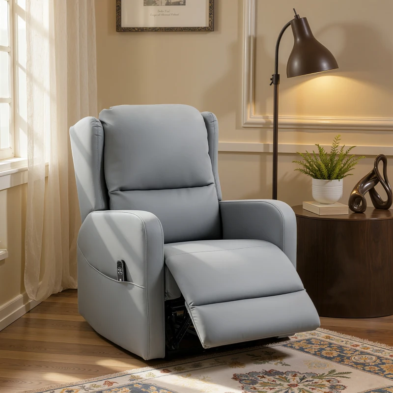 HOMCOM Fotel masujący z funkcją odchylania oparcia, ekoskóra, elektrycznie regulowany, podnóżek, kieszeń boczna, rama stalowa, szary