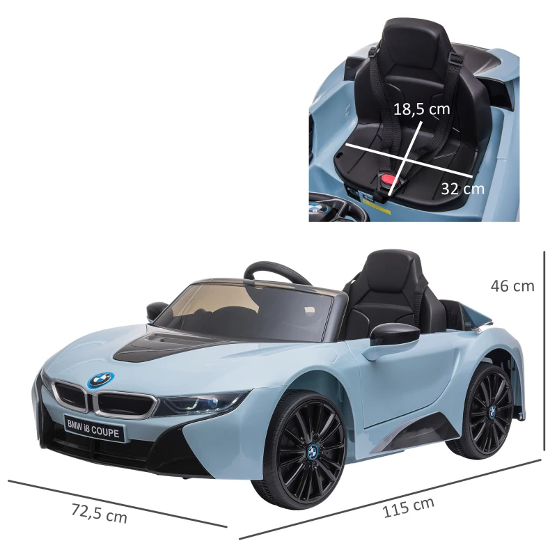 HOMCOM Coche Eléctrico BMW I8 COUPE con Licencia para Niños de +3 Años Batería 6V Control Remoto y Manual con Música MP3 Bocina y Faros 115x72,5x46 cm Azul