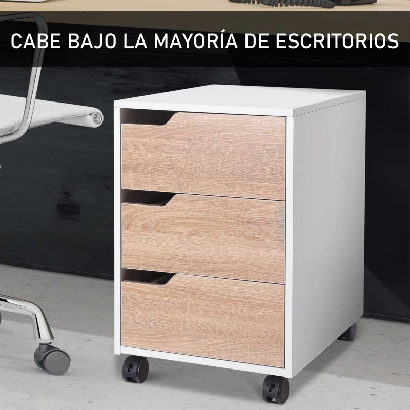 HOMCOM Cajonera de Oficina con Ruedas Mueble Archivador con 3 Cajones Cajonera para Escritorio Estudio 40x50x57,5 cm Roble y Blanco