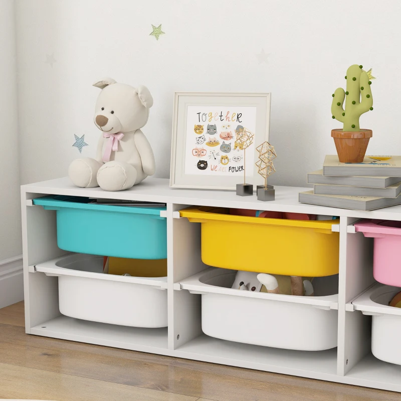 AIYAPLAY Aufbewahrungsregal für Kinder, 2-stufig, Aufbewahrungsregal für Spielzeug mit 6 herausnehmbaren Boxen, 97x21x29cm, weiß