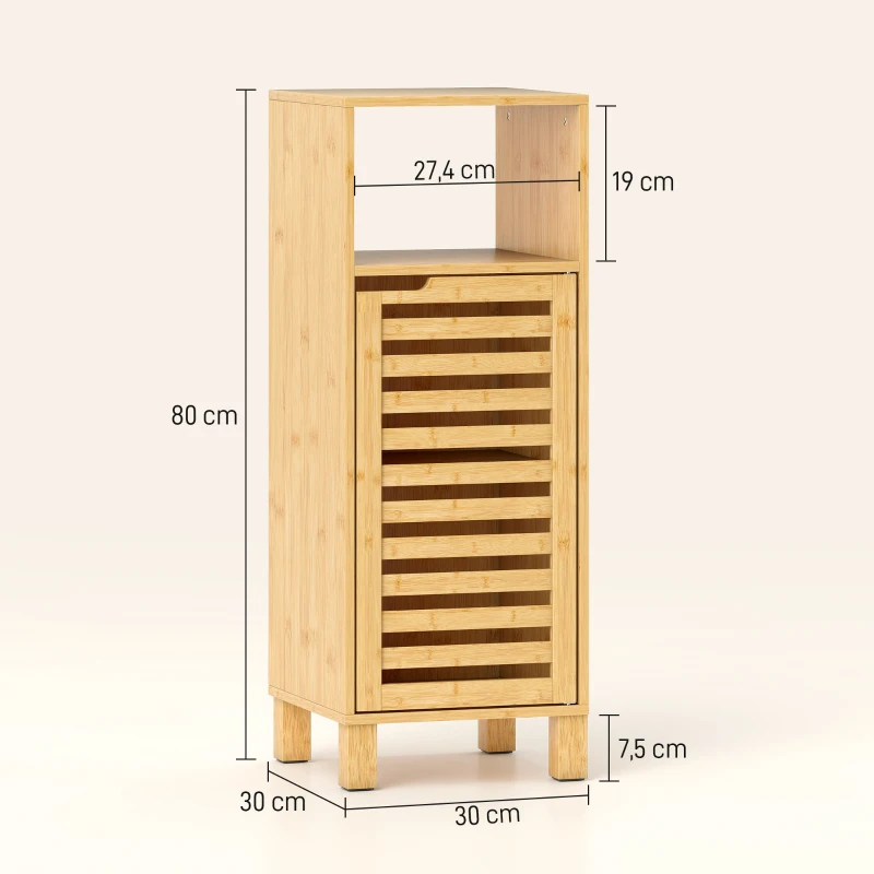 HOMCOM Armoire de salle de bain, étagère ouverte, armoire, bois de bambou, porte à lames, brun clair