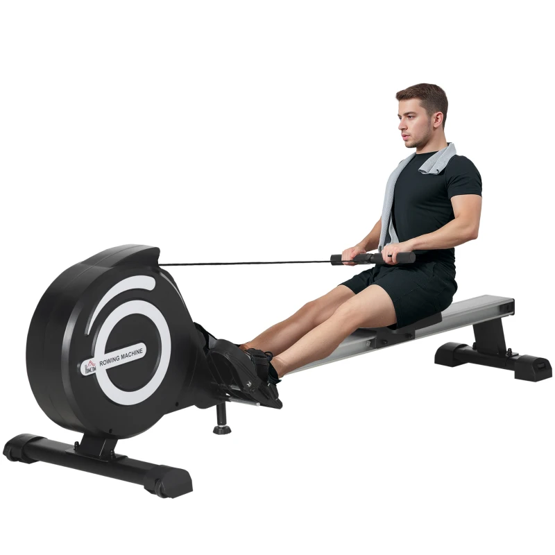HOMCOM Vogatore Magnetico Pieghevole per Allenamento a Casa, Volano Regolabile su 8 Livelli e Monitor LCD, 185x58x57cm, Nero