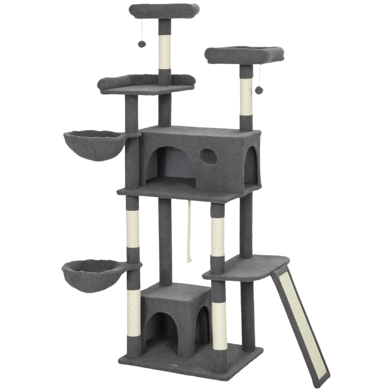 PawHut Albero tiragraffi con 3 letti, 2 piattaforme e 3 giocattoli sospesi, altezza 174 cm, Grigio