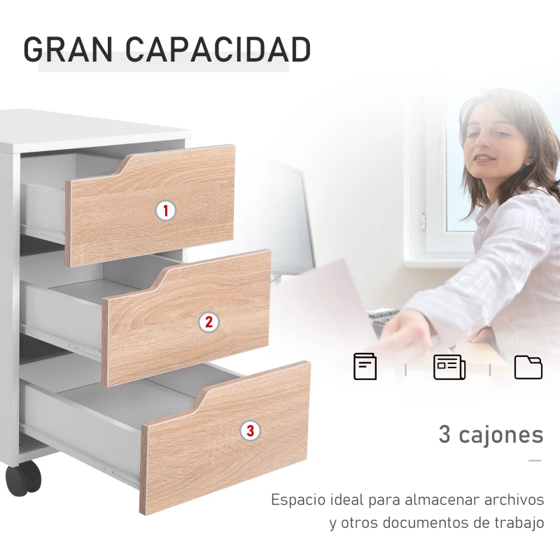 HOMCOM Cajonera de Oficina con Ruedas Mueble Archivador con 3 Cajones Cajonera para Escritorio Estudio 40x50x57,5 cm Roble y Blanco