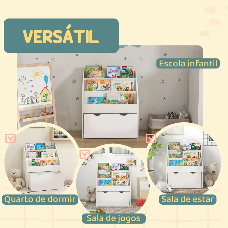 AIYAPLAY Estante de Brinquedos com 3 Compartimentos Gaveta com Rodas para Quarto Sala de Jogos 62,5x30x70 cm Branco