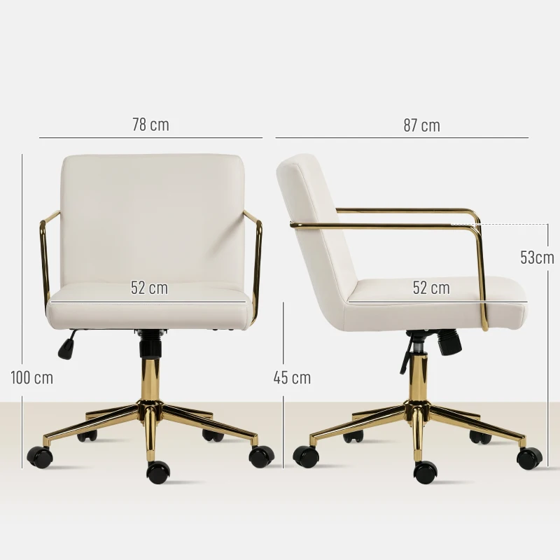 HOMCOM Sedia da ufficio con base in metallo e ruote, rivestimento in tessuto effetto velluto, Bianco crema