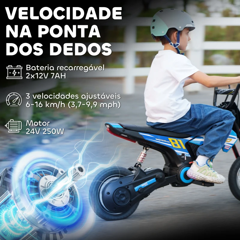 AIYAPLAY Mota Elétrica para Crianças 24V com Motor 250W Velocidade de 6-16km/h Rodas de 30,5 cm para Crianças de 8-12 Anos Azul