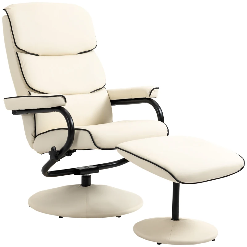 HOMCOM Fauteuil relax avec pouf, fauteuil TV avec dossier inclinable, pivotant à 360° assise rembourrée confortable, crème
