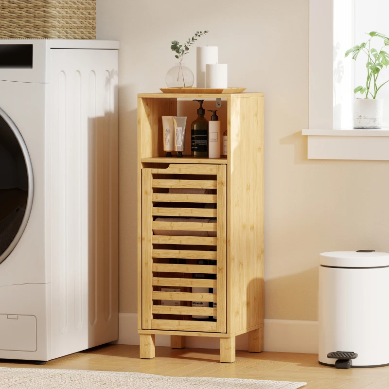 HOMCOM Bathroom Cabinet, Open Shelf, Cabinet, Bamboo Wood, Louvered Door, Light Brown