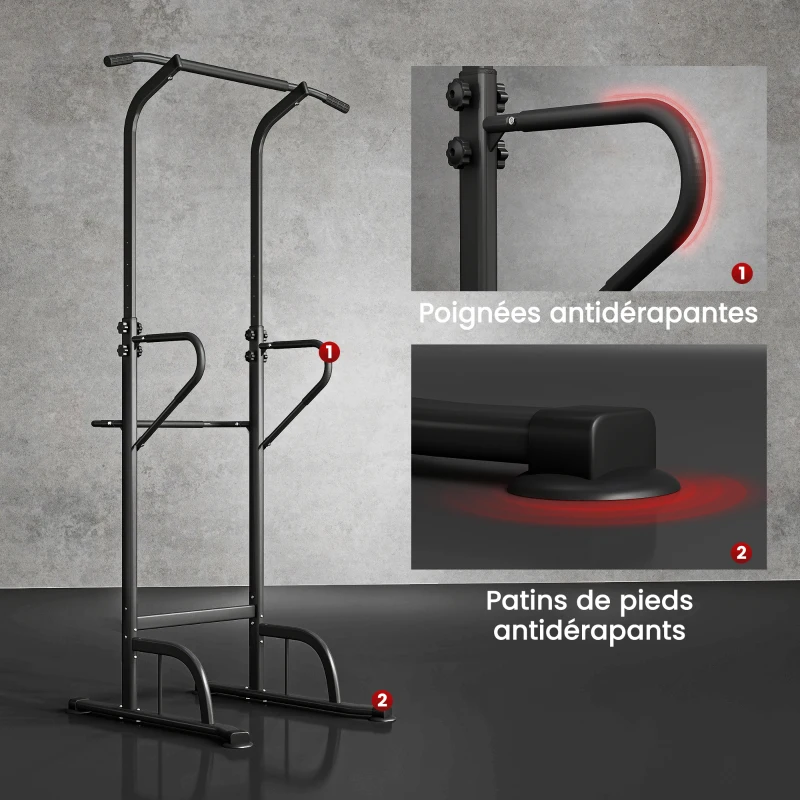 HOMCOM Station de musculation multifonctions barre de traction chaise romaine hauteur réglable acier noir rouge