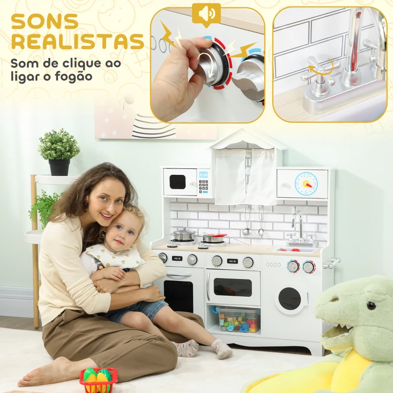 AIYAPLAY Cozinha de Madeira com Som Cozinha de Brincar com Acessórios em Aço Inoxidável Máquina de Lavar Micro-Ondas, Lava-Loiça 79,5x24x94 cm Branco