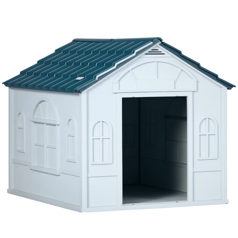 PawHut Casa para Cães 65x75,7x63 cm Casa para Cães com Janelas e Teto com Telhas de Imitação para Cães Médios Azul e Branco