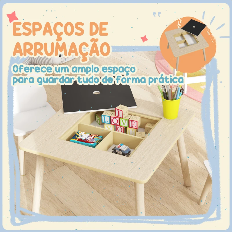 AIYAPLAY Conjunto de Mesa e 2 Cadeiras com Encosto em Forma de Ursinho e Compartimentos Ocultos Madeira e Branco