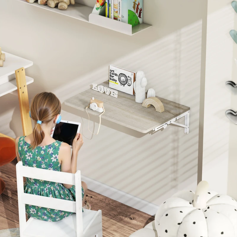 HOMCOM Składane biurko ścienne, 60x40 cm, oszczędzające miejsce wiszące biurko z zaokrąglonymi narożnikami, do home office, salonu, sypialni, kuchni, dąb