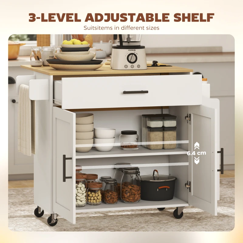 HOMCOM Isla de cocina, carrito de cocina con ruedas, con encimera abatible, cajón, repisa, 120 x 68 x 85 cm, Blanco