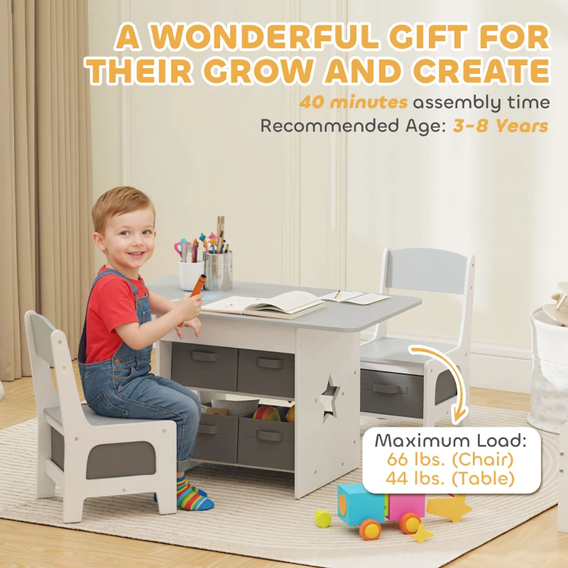 AIYAPLAY Tisch- und 2-Stühle-Set für Kinder mit 6 herausnehmbaren Schubladen, für Mädchen und Jungen 3–8 Jahre, grau