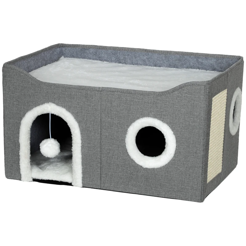 PawHut Faltbares Katzenhaus mit Kratzbereich 3 Öffnungen Hängende Kugel Wendbares Kissen aus Plüsch und Leinenoptik 60x40X34 cm Grau