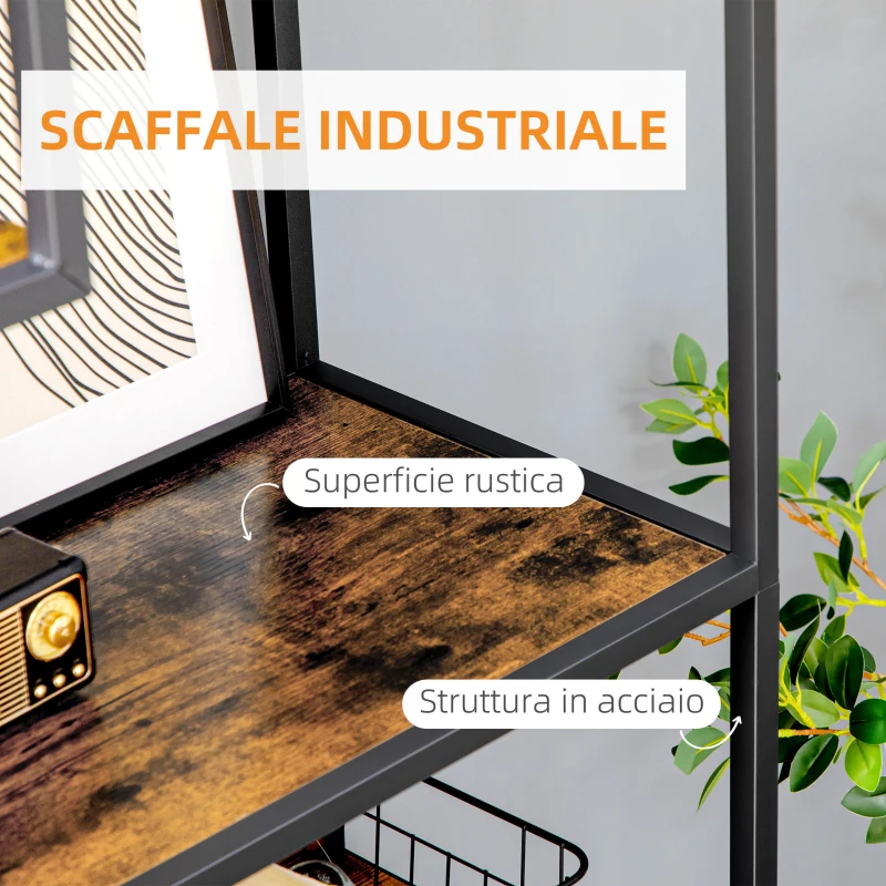 HOMCOM Mobile Libreria a 7 Livelli in Legno e Acciaio Stile Industriale, 83x34x180 cm, Marrone