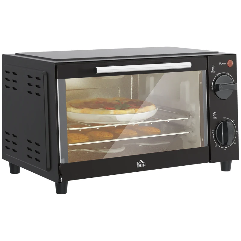 HOMCOM Mini Oven, 9L Countertop Electric Grill, Toaster Oven with Adjustable Temperature, Timer, Dishwasher Safe Baking Tray and Wire Rack, 750W, Black