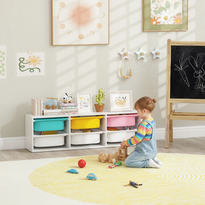 AIYAPLAY Aufbewahrungsregal für Kinder, 2-stufig, Aufbewahrungsregal für Spielzeug mit 6 herausnehmbaren Boxen, 97x21x29cm, weiß