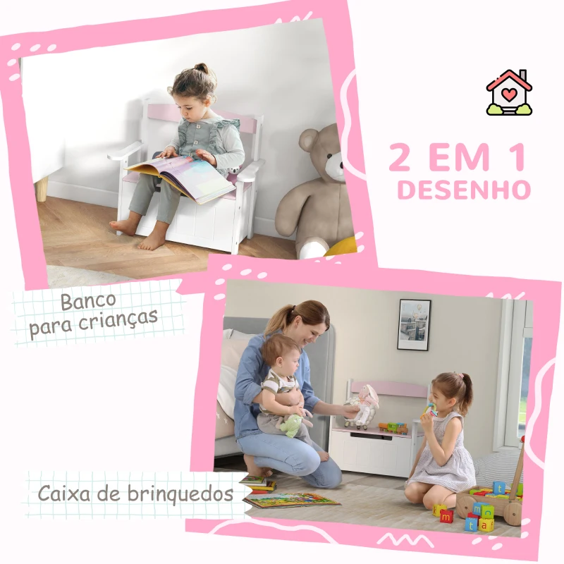 AIYAPLAY Baú de Brinquedos Infantil Banco de Armazenamento para Crianças com Encosto e Tampa Amortecida 68,5x34x58 cm Rosa e Branco