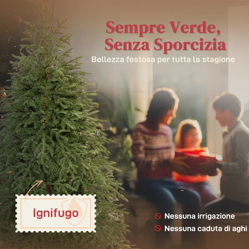 HOMCOM Albero di Natale Artificiale da 180 cm e Ignifugo con 1814 Rami Realistici, Base in Metallo Pieghevole
