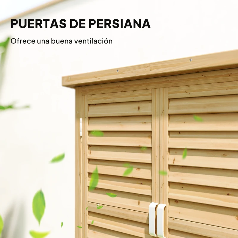 Outsunny Armario para Terraza de Madera con 2 Estantes Interiores 2 puertas de Buena Ventilación y Techo Inclinado para Exterior 87x46,5x96,5 cm Madera Natural
